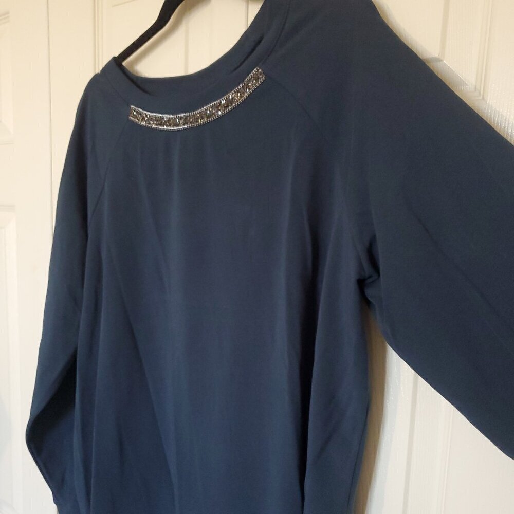 NY Collection 2X Dark Teal Blue Long Sleeve Rhinestone Neck